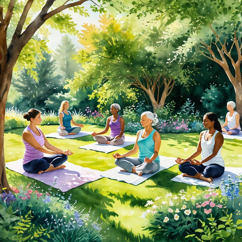 A serene scene depicting a diverse group of cancer survivors engaging in wellness activities like yoga, meditation, and nutrition workshops in a sunlit garden. They are surrounded by blooming flowers and green trees, symbolizing hope and healing. Soft sunlight filters through the leaves, casting gentle patterns on the ground. The atmosphere radiates empowerment and community support. watercolor painting. vibrant colors. peace and tranquility.