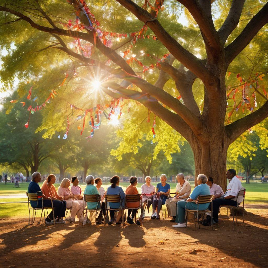 A warm, inviting scene of a diverse group of patients and caregivers sitting together in a park, sharing stories and laughter; soft sunlight filters through trees creating a comforting atmosphere, with colorful ribbons symbolizing hope and support woven around them. Vibrant colors. super-realistic.
