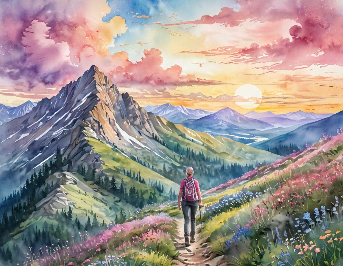 A serene landscape showcasing a person hiking up a mountain with a radiant sunrise in the background, symbolizing hope and resilience. Featuring subtle elements of cancer awareness like pink ribbons in the clouds and wildflowers blooming along the path. The image captures the essence of empowerment and strength in the cancer journey. watercolor style. soft pastel colors.